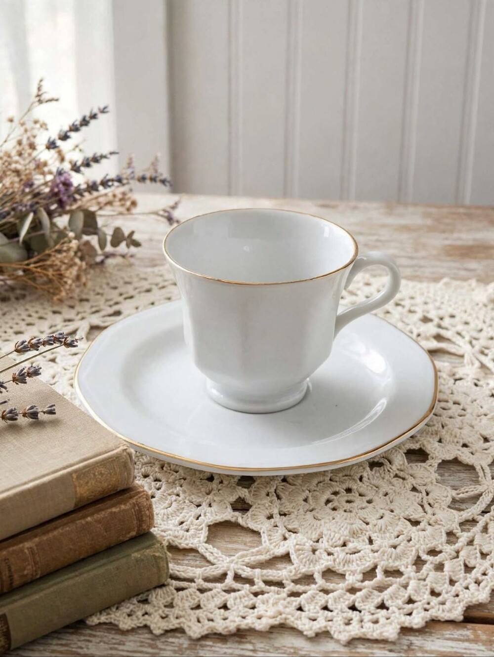 Vintage White and Gold Trim Demitasse Cup & Saucer Set